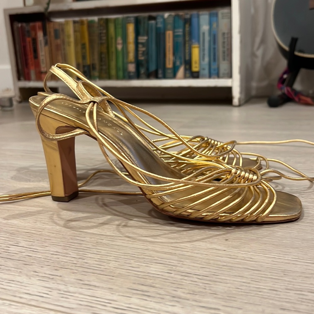 Loeffler Randall Hallie Strappy Ankle Wrap Sandals Metallic Gold Leather Square